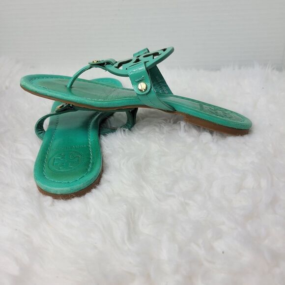 Tory Burch Miller Womens Sandals Size 5 Blue Turquoise Medallion Logo Flip Flops - Picture 6 of 11